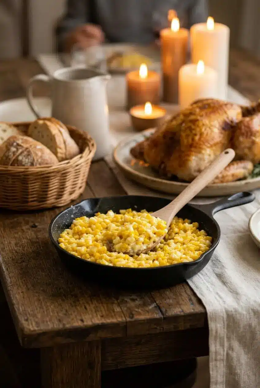 Skillet corn served alongside a carved roast turkey platter and warm dinner rolls on a dining table.