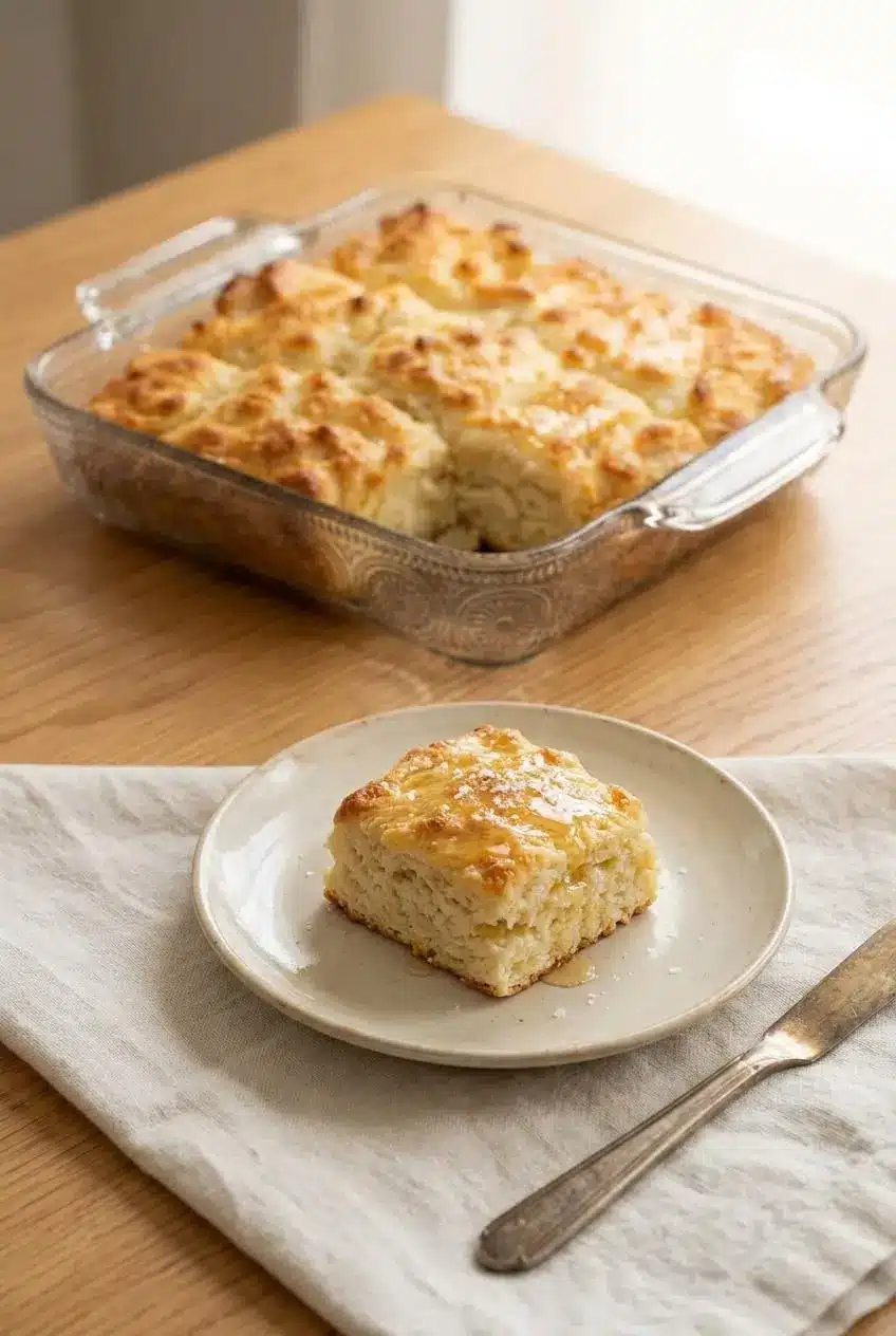 Warm biscuit square glazed with honey and flaky sea salt served on a ceramic plate.