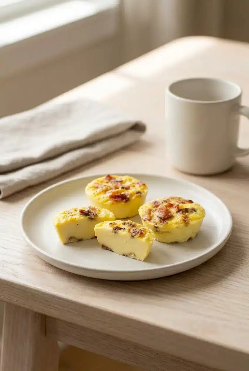 Three warm baked Starbucks egg bites served on an off-white ceramic breakfast plate on a bright wooden table.