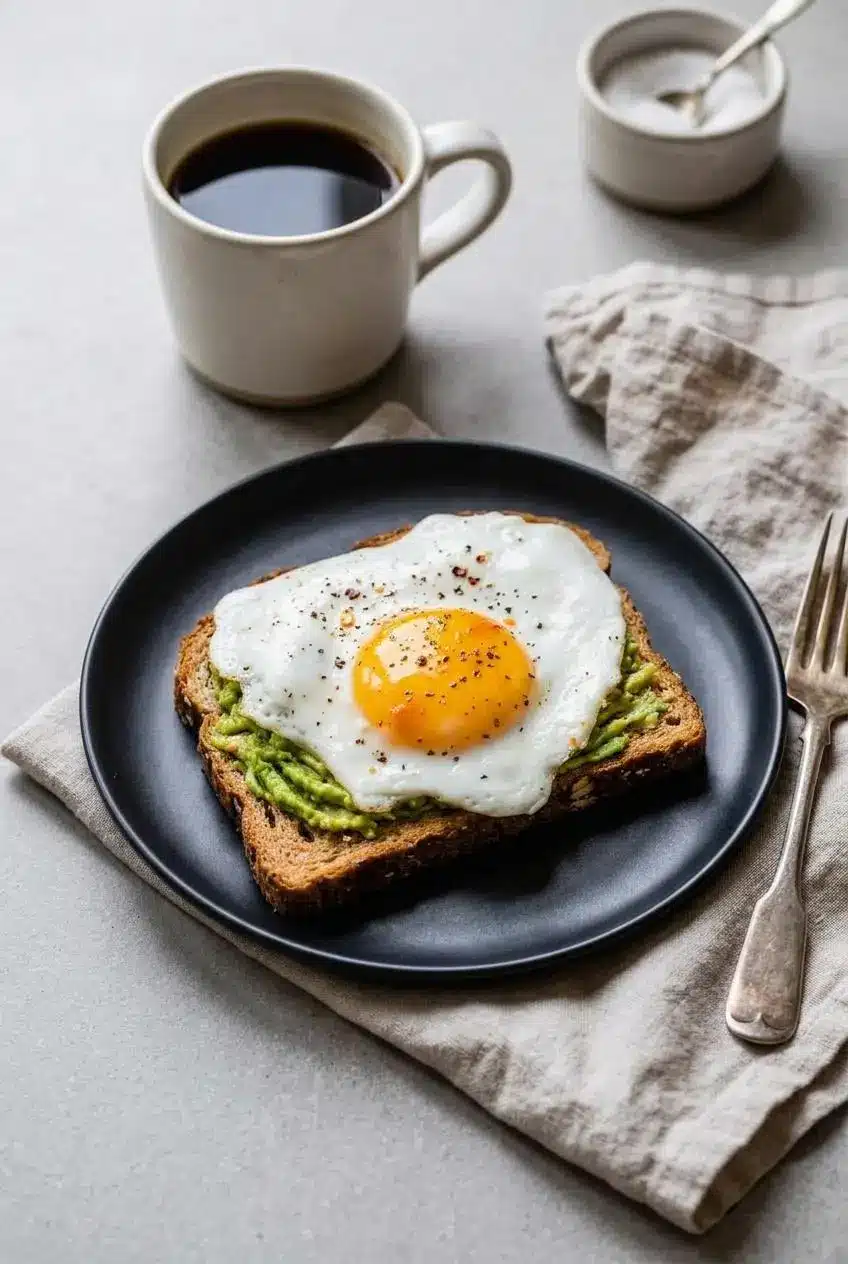 Avocado toast with egg on an off-white plate with black coffee and a linen napkin on a wooden table.