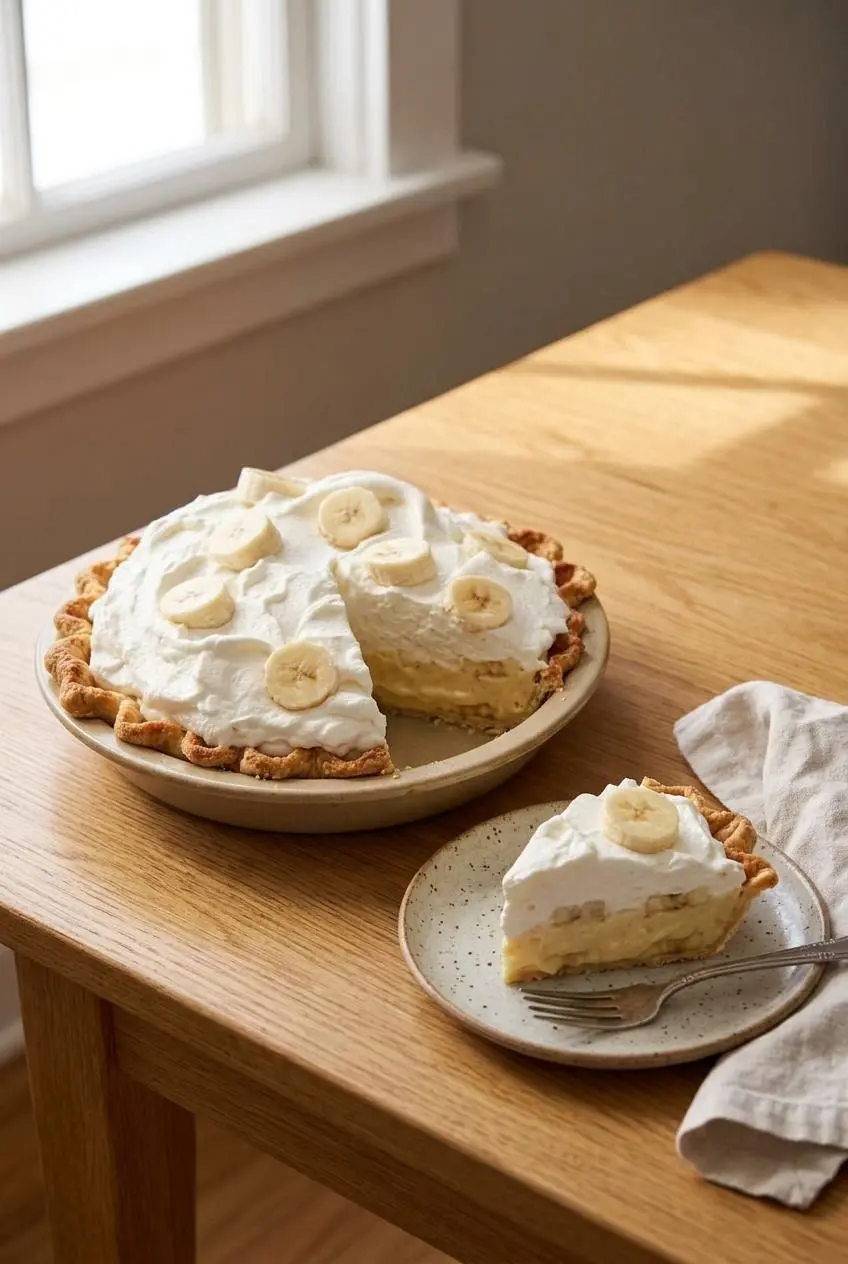 Assembled banana cream pie in a ceramic pie dish beside a plated dessert slice on an oak table.