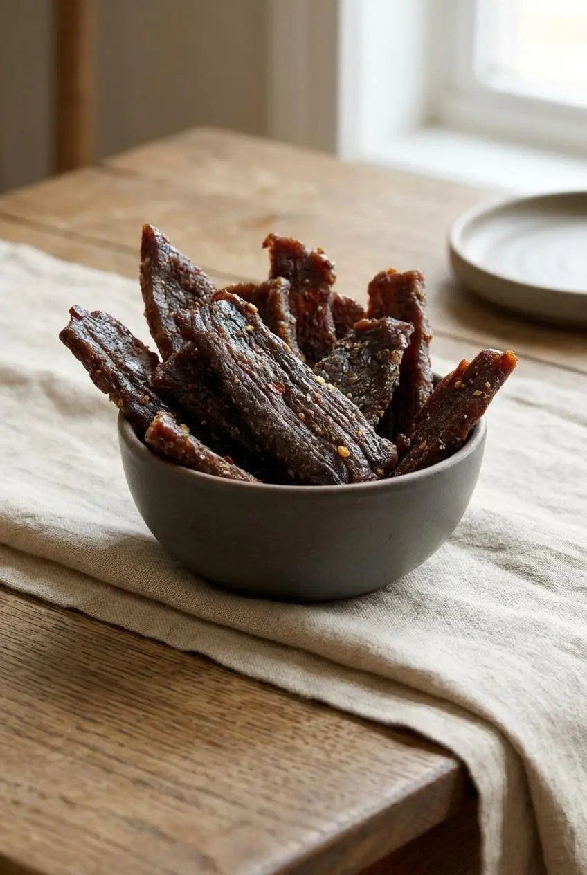 Dark seasoned beef jerky strips arranged in a rustic ceramic serving bowl for snacking.