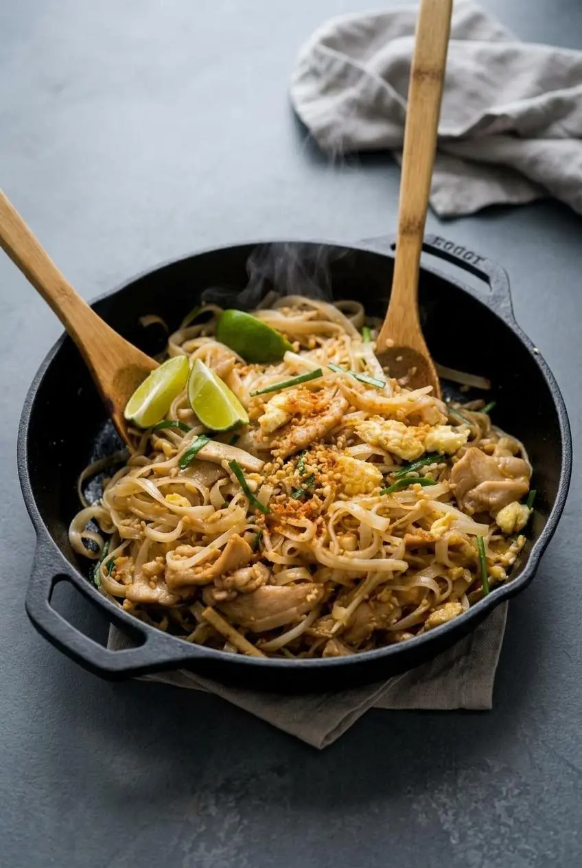 Steaming bowl of chicken pad thai on a wood table served with fresh bean sprouts, lime wedge, and crushed peanuts.