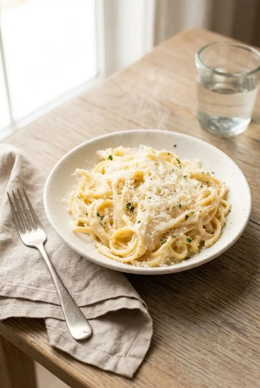 Warm bowl of creamy garlic pasta served at a wooden dining table.