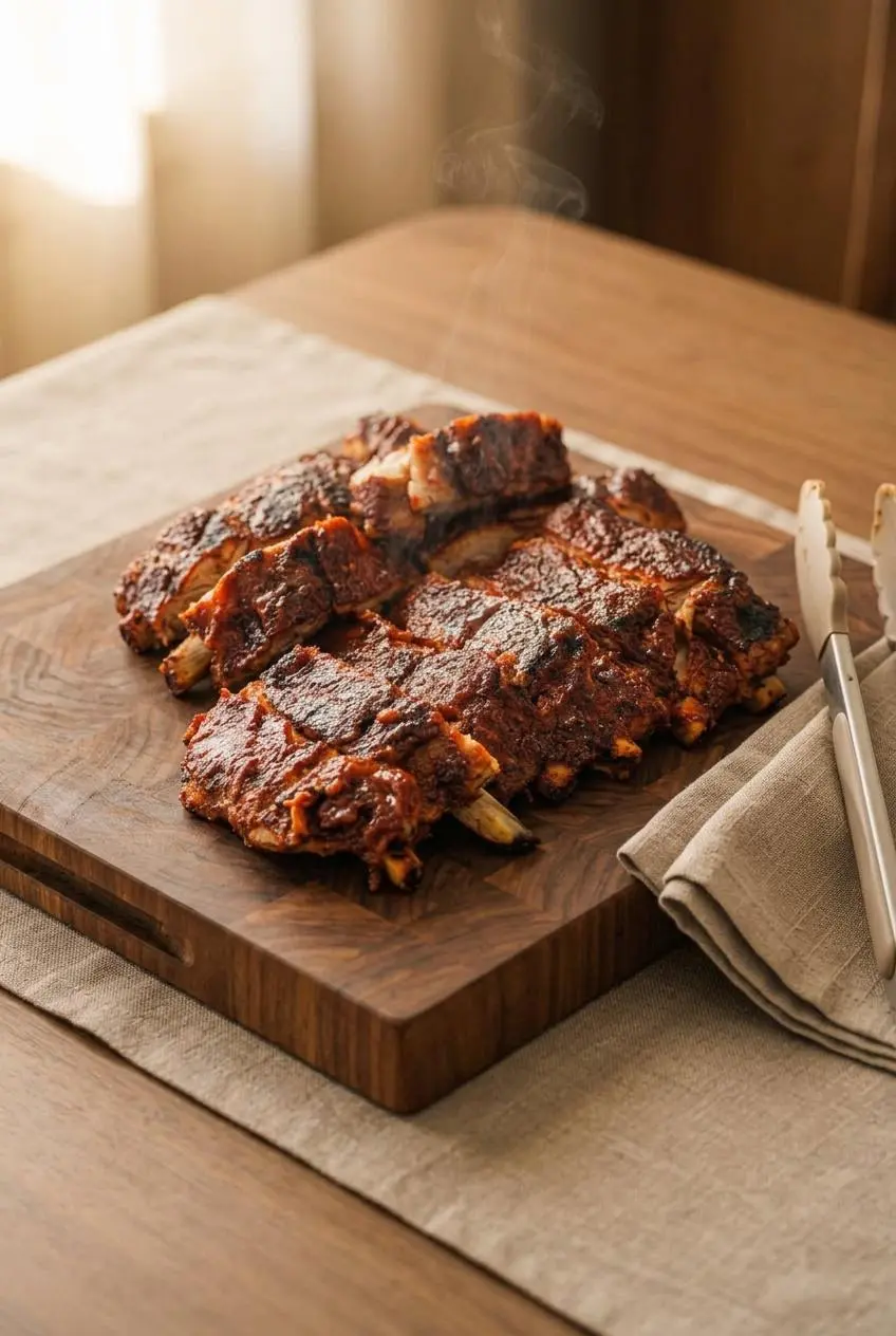 Sliced baby back ribs portions on a wooden cutting board ready to serve.