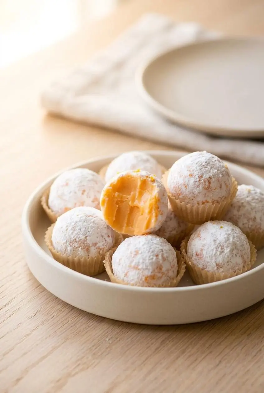 Chilled orange creamsicle truffles in mini parchment candy cups on an off-white ceramic serving platter.