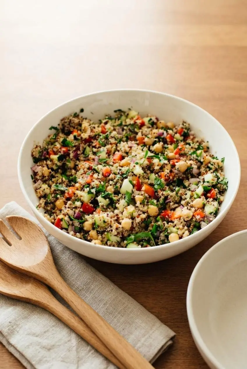 Large ceramic bowl of quinoa salad with wooden servers and a linen napkin on a wooden dining table.