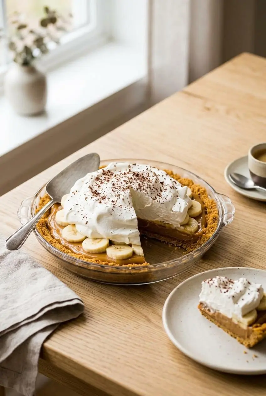 Sliced banoffee pie served on an oak dining table beside a pie server and a cup of espresso.