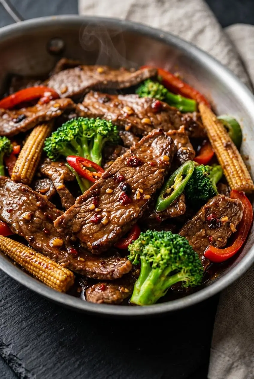 Close-up of seared flank steak ribbons and bright broccoli coated in glistening hunan beef chili sauce.