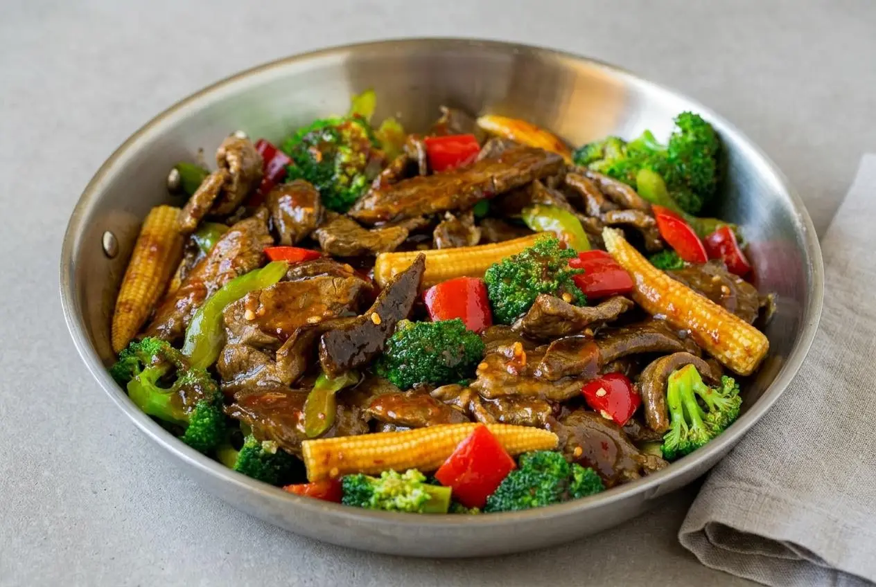 Tender slices of hunan beef stir-fried with crisp broccoli and red peppers in a glossy spicy savory sauce.