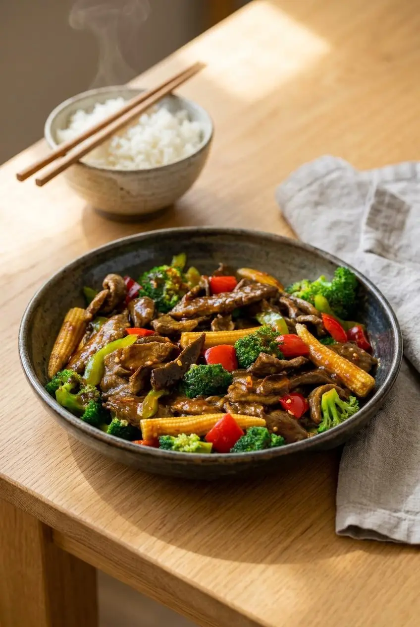 Warm bowl of hunan beef stir-fry served alongside a small bowl of steamed jasmine rice on a dinner table.