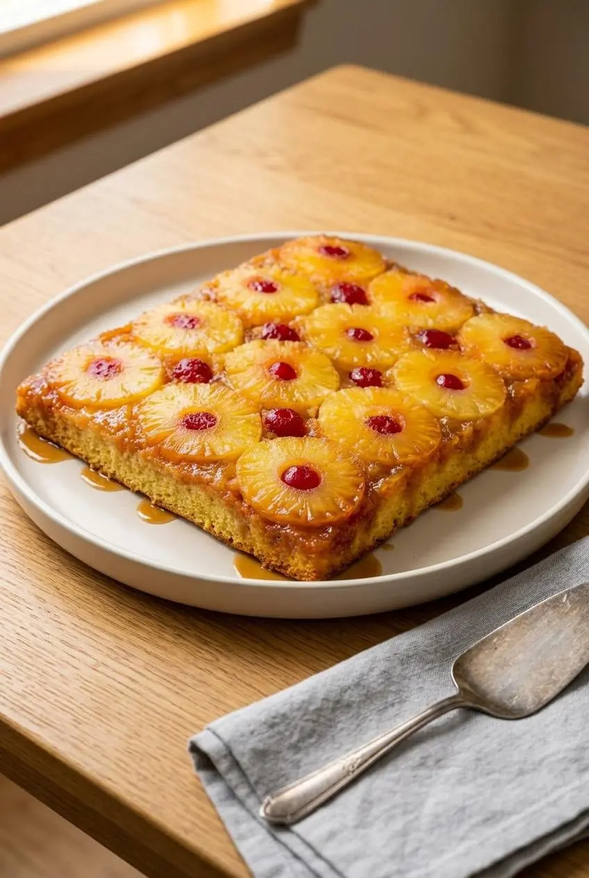 Freshly inverted pineapple upside down cake on a wide ceramic platter with neat rings and cherries.