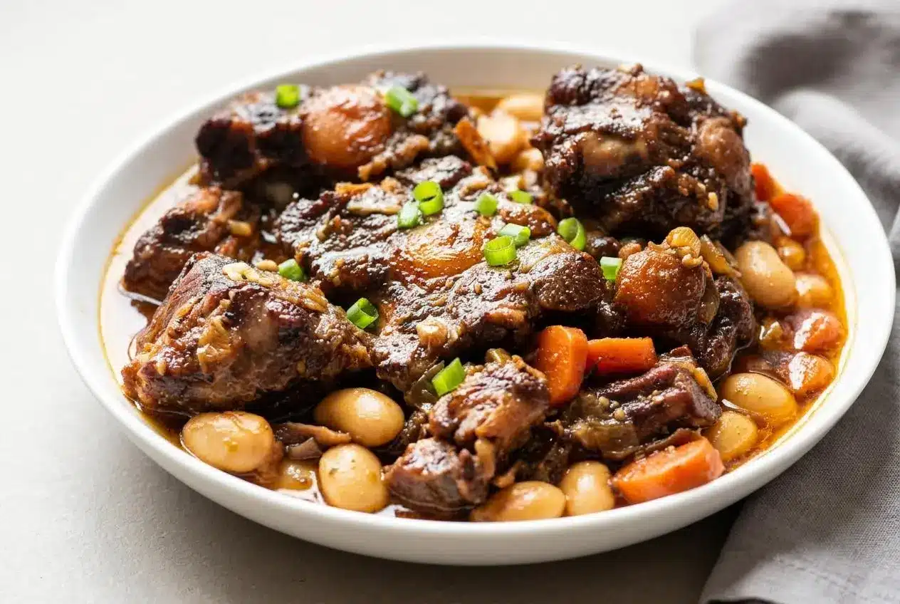 Tender Jamaican oxtail recipe braised in glossy mahogany gravy with creamy butter beans and sliced carrots.