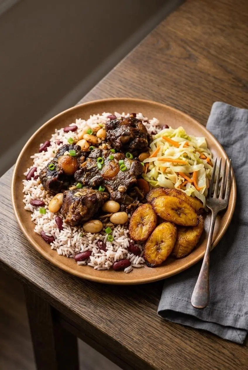 Braised Jamaican oxtail served over rice and peas with fried plantains and steamed Caribbean cabbage.