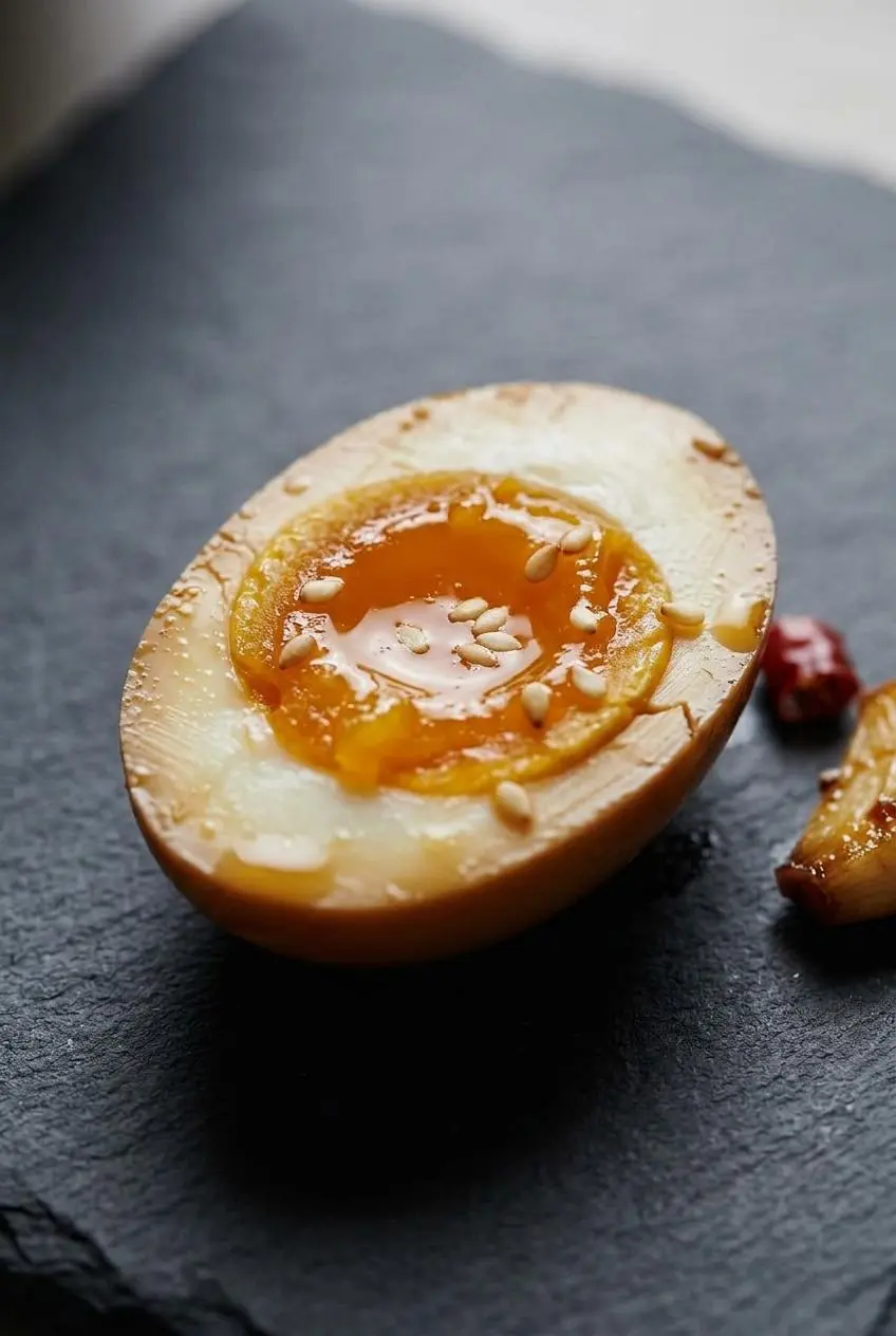 Close-up of a halved soy marinated egg with a custardy jammy yolk and toasted sesame seeds.