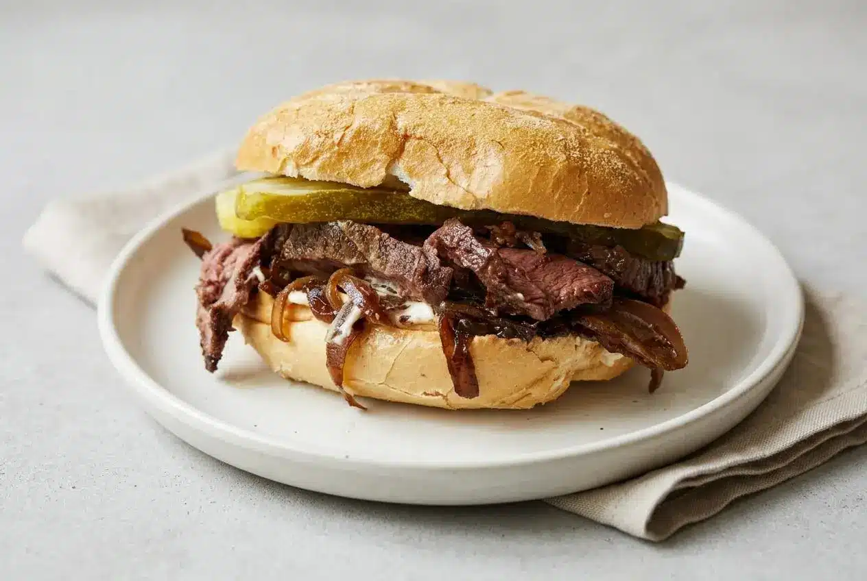 Juicy roast beef sandwich layered with tender sliced beef, caramelized onions, and pickles on a toasted Kaiser roll.