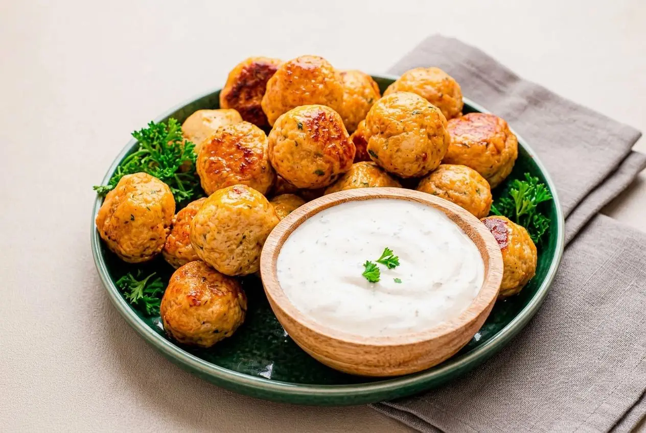 Golden skillet-seared ranch chicken meatballs with herb flecks and a juicy tender center