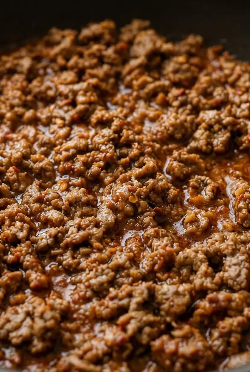 Close-up of finely crumbled cooked taco meat coated in a thick, savory tomato and spice reduction.
