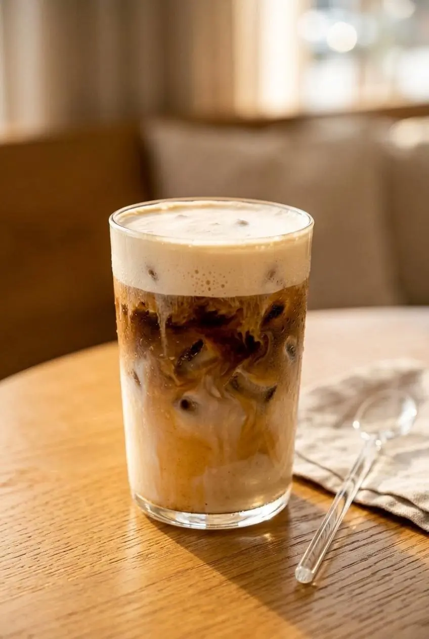 Layered iced carrot cake latte with spiced milk, dark espresso, and floating foam on a wooden table.