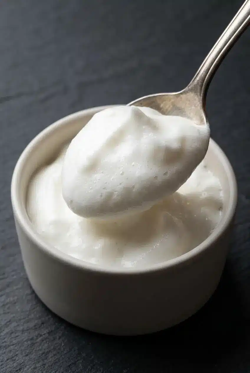 Vintage spoon lifting a dollop of snow-white toum garlic sauce with stiff peaks.