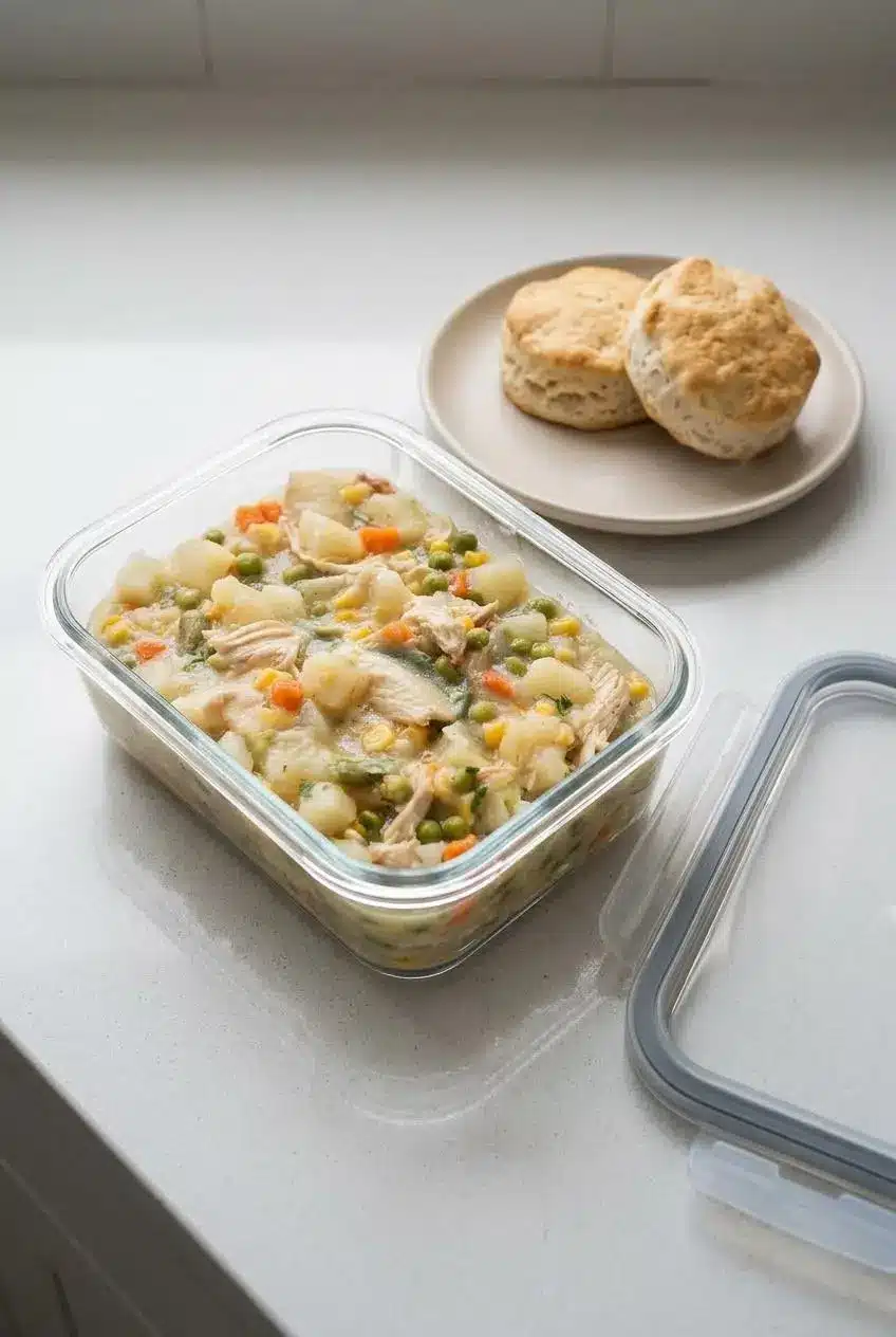 Leftover chicken pot pie filling in a glass storage container next to baked biscuits on a plate.