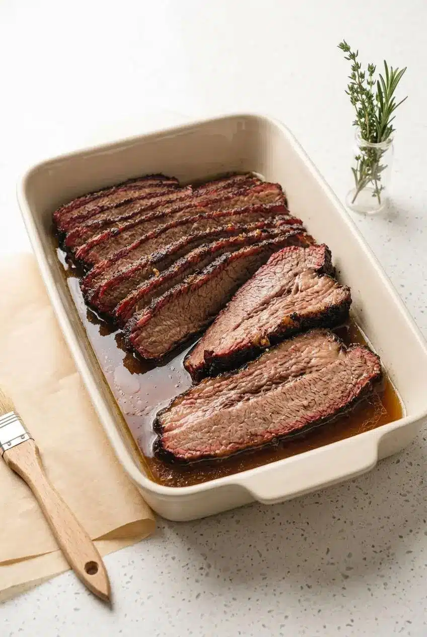 Leftover smoked brisket slices layered in a ceramic baking dish with beef broth for gentle reheating.
