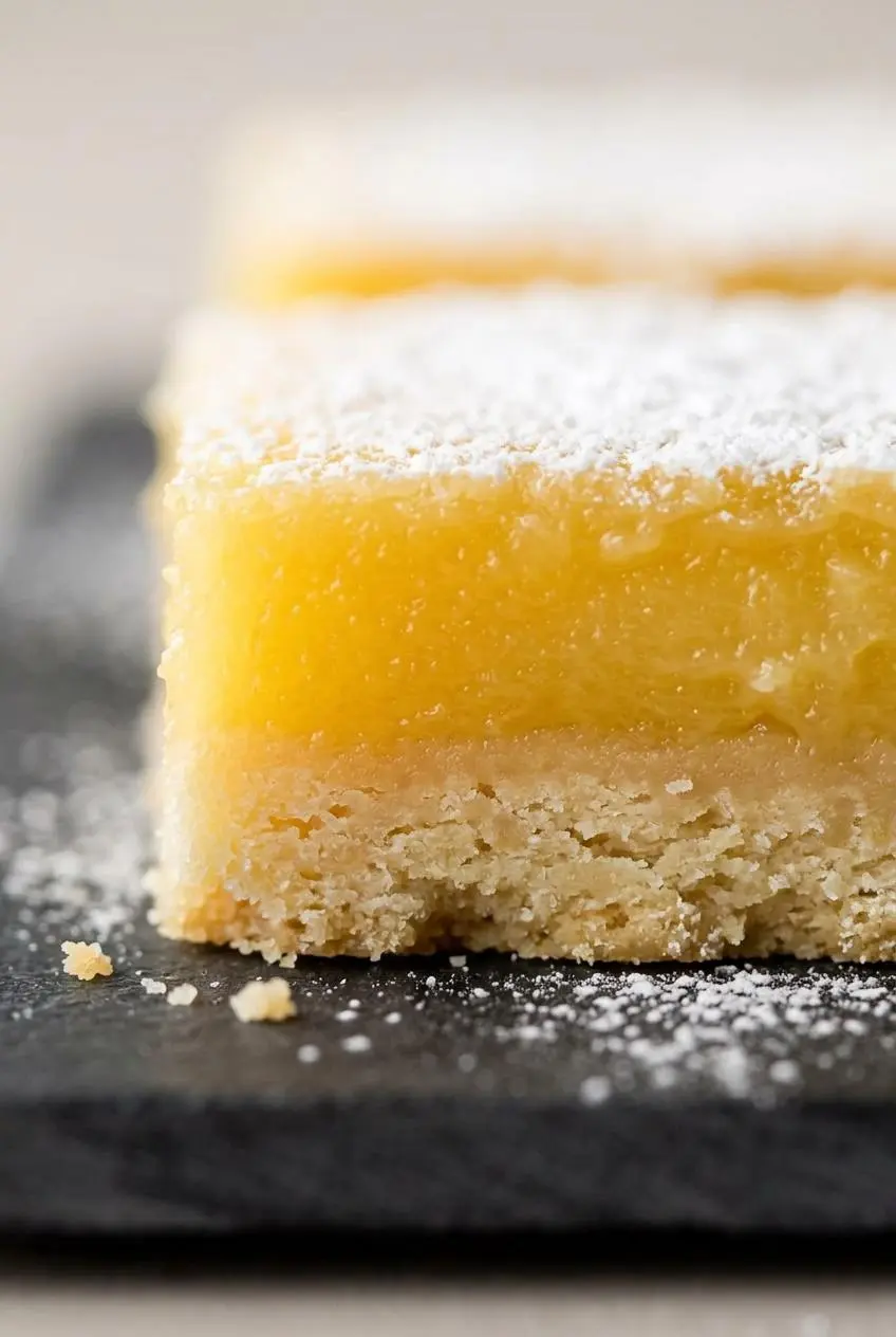 Macro cross section of a lemon bar showing golden shortbread crust and creamy lemon custard.