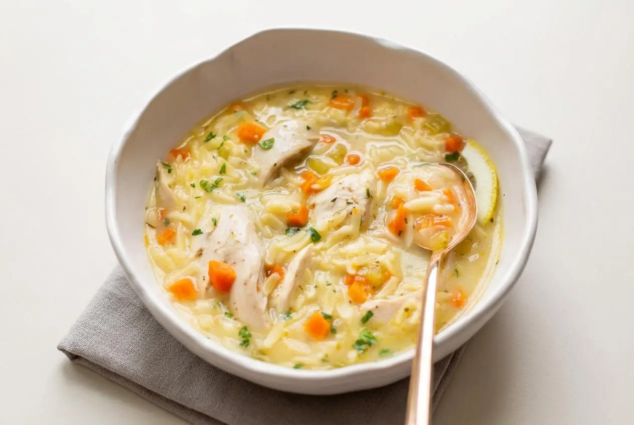 Lemon chicken orzo soup with tender shredded chicken, al dente pasta, and fresh parsley in a velvety golden broth.