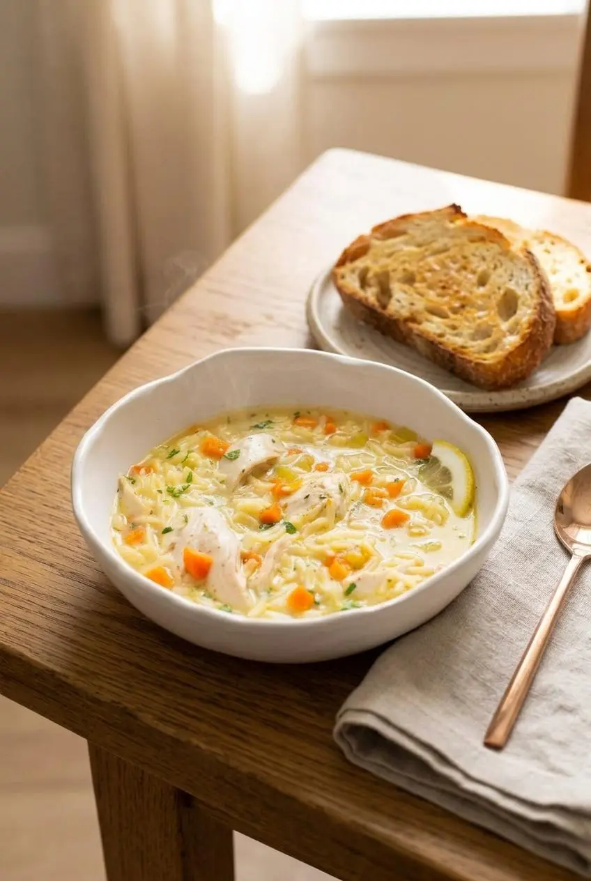 Warm bowl of lemon chicken soup served alongside toasted artisan sourdough bread slices on a wooden table.