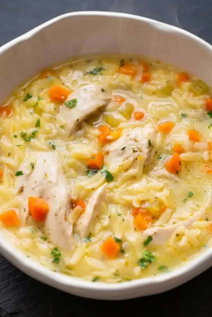 Close-up texture of lemon chicken orzo soup with tender chicken pieces, tender-crisp carrots, and orzo pasta in broth.