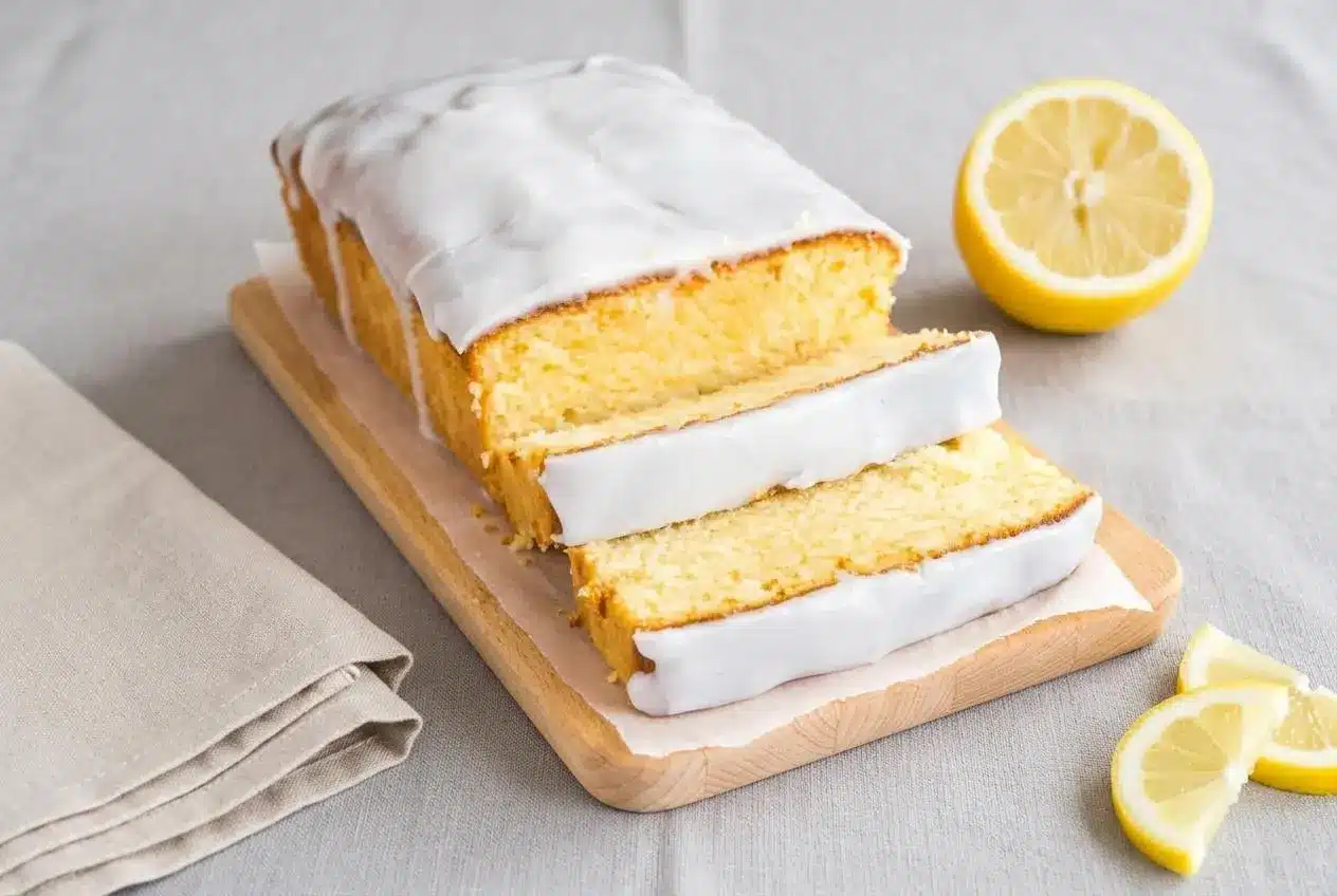 Glazed lemon loaf cake with a thick white icing drip and velvety crumb