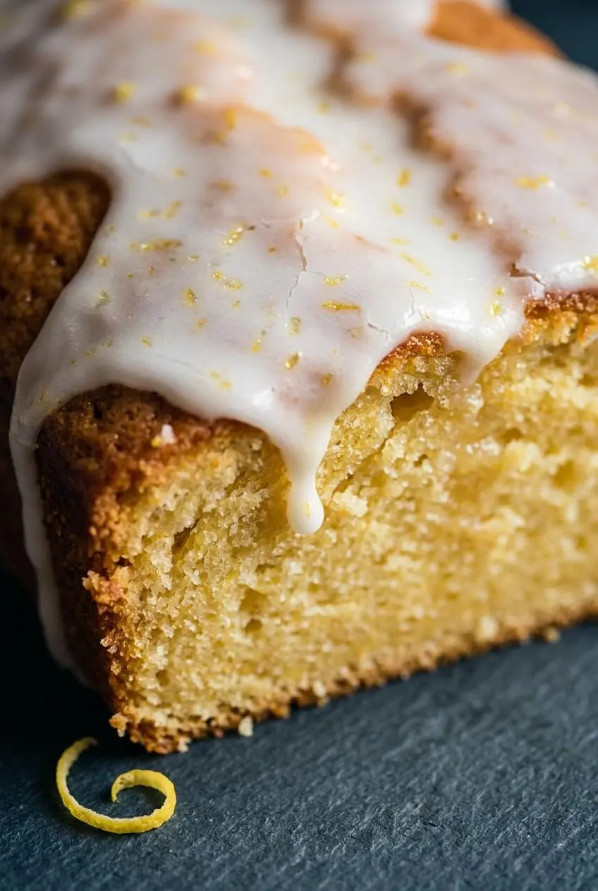 Close-up of thick white opaque lemon glaze cascading over golden loaf cake
