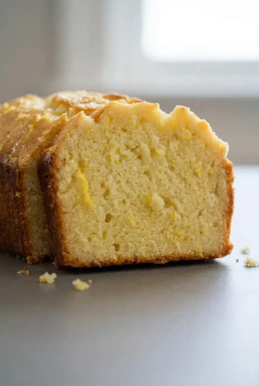 Macro view of tender, fine-grained lemon pound cake slice showing tiny lemon zest specks and moist crumb.