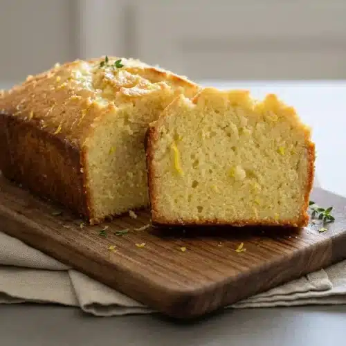 Lemon pound cake recipe loaf with a golden baked crust, soft velvety crumb, and light citrus syrup glaze.