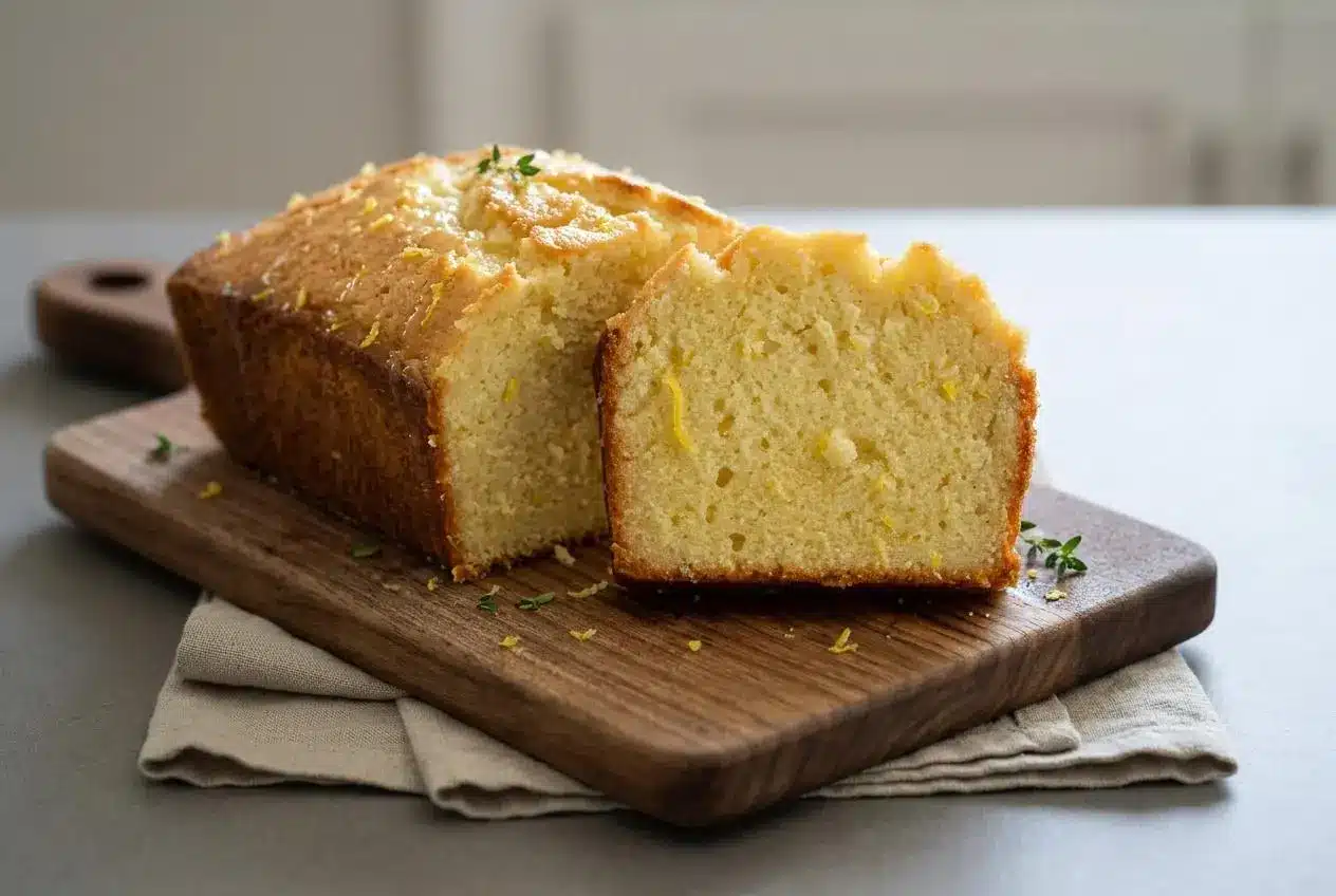 Lemon pound cake recipe loaf with a golden baked crust, soft velvety crumb, and light citrus syrup glaze.