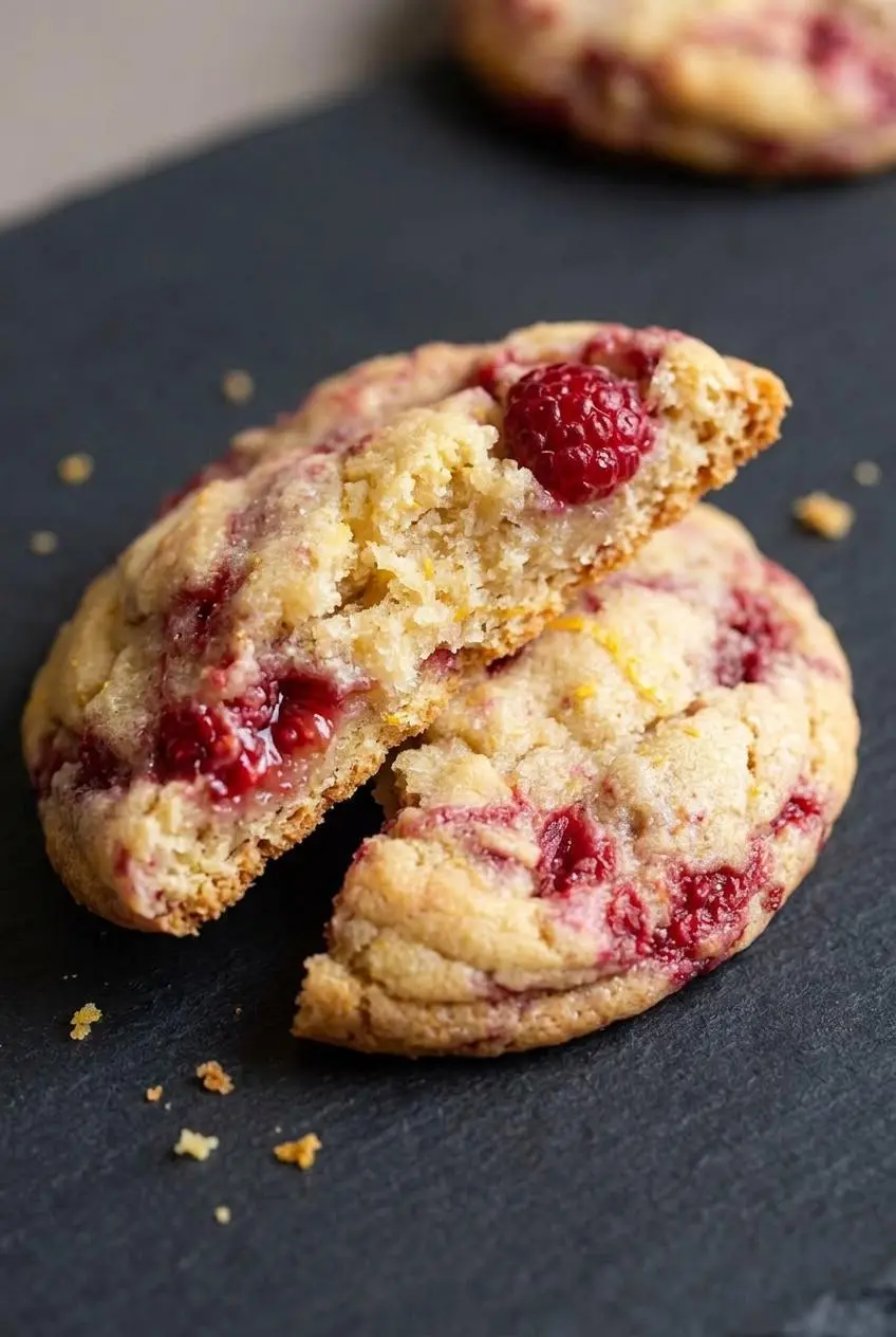 Split lemon raspberry cookie revealing a tender crumb, bright lemon zest, and juicy fruit pockets.