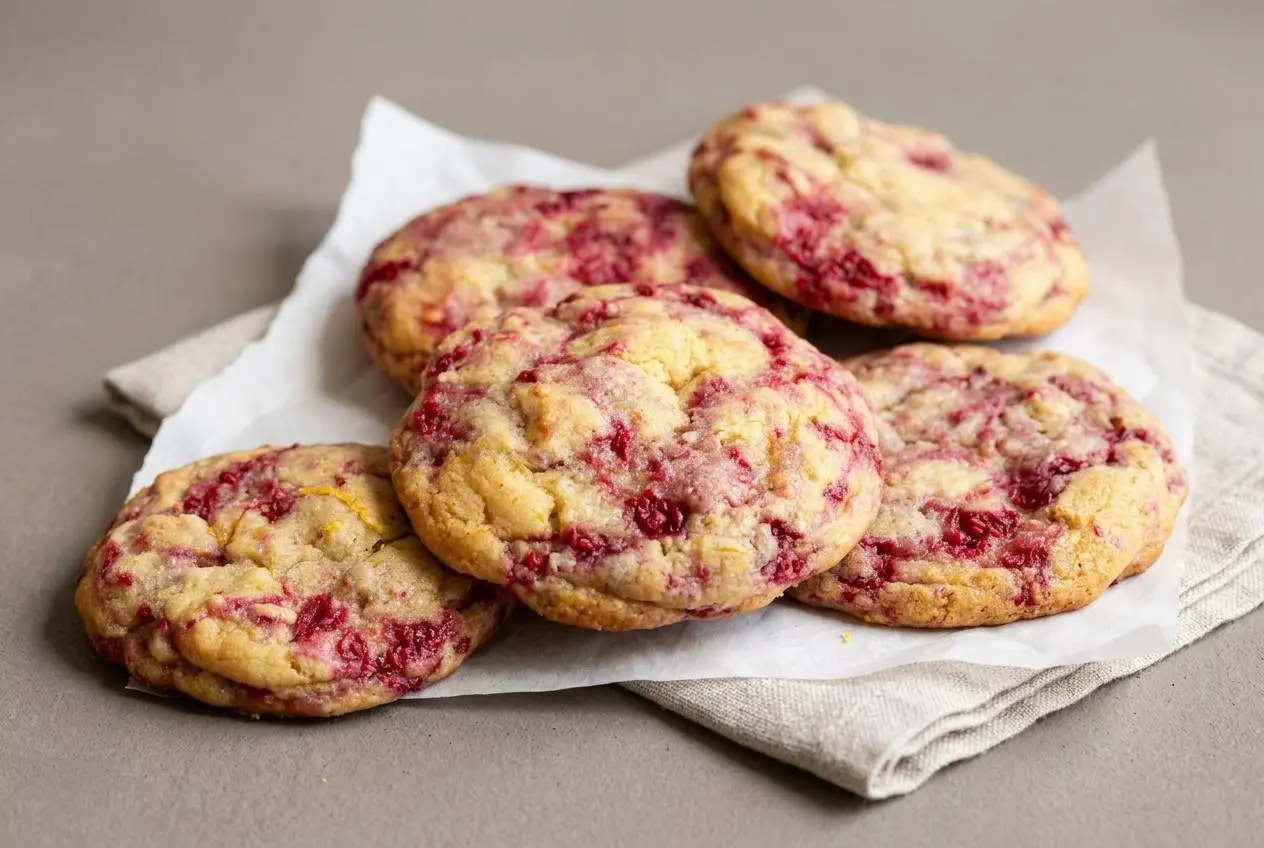 Freshly baked lemon raspberry cookies with lightly golden edges and soft chewy centers.