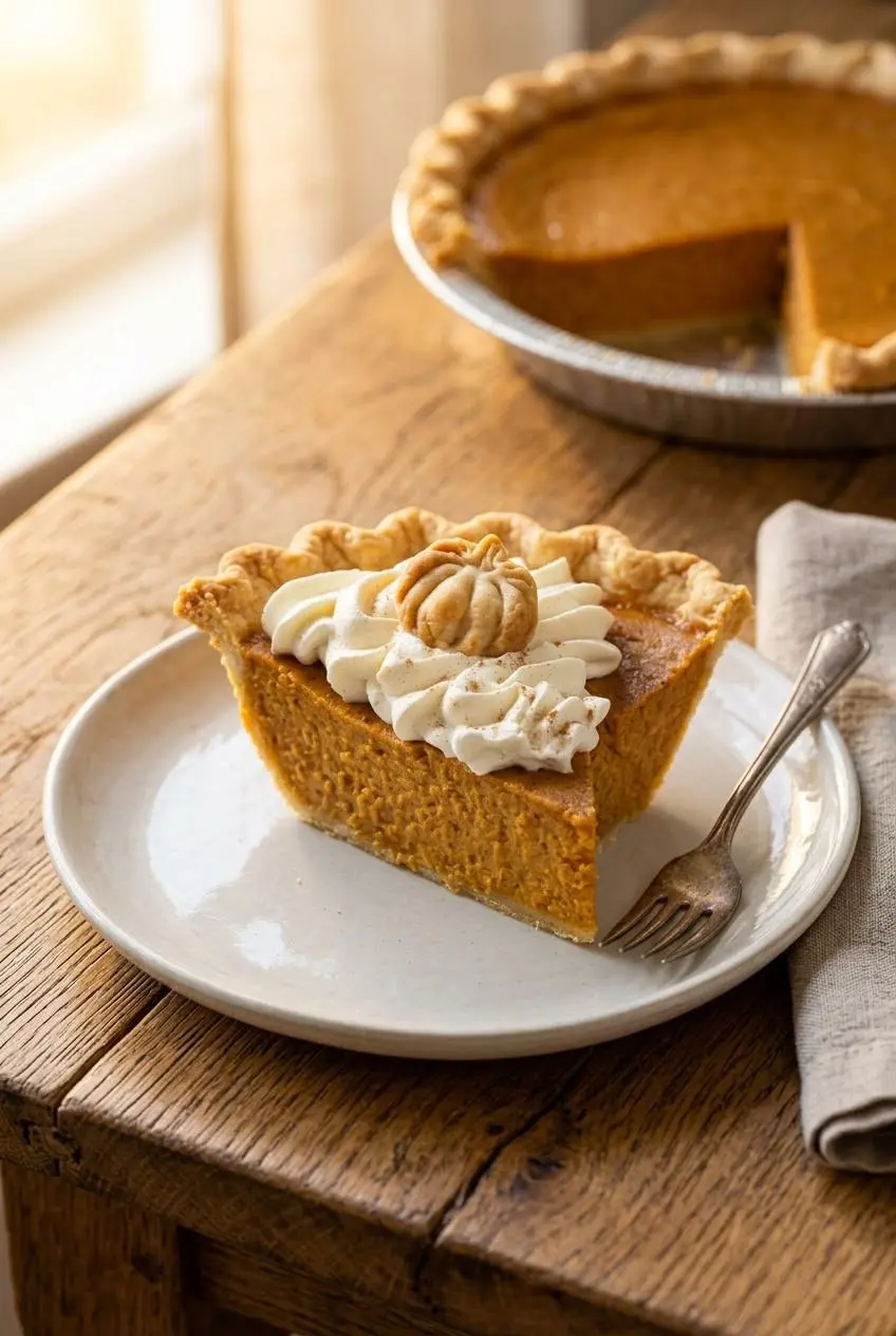 Slice of deep-dish pumpkin pie topped with whipped cream and cinnamon on a dessert plate.