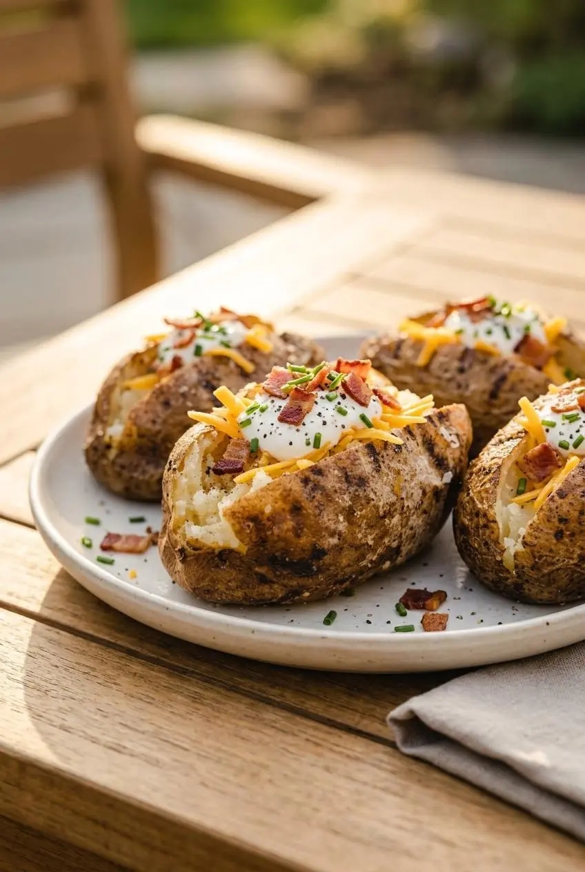 Grilled baked potato topped with sour cream, sharp cheddar, bacon bits, and fresh chives on a patio table.