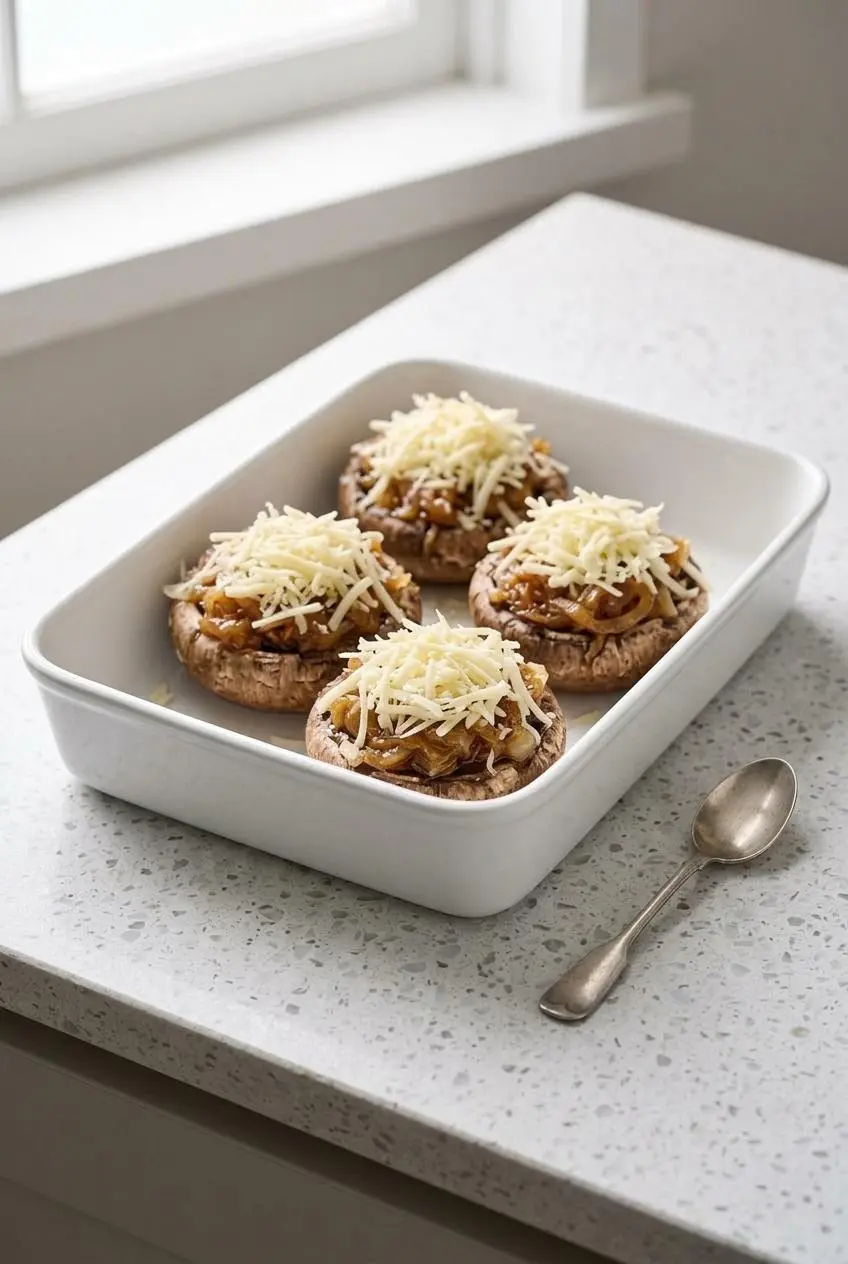 Sautéed mushroom caps arranged in a white baking dish filled with caramelized onions and shredded unbaked Gruyère.