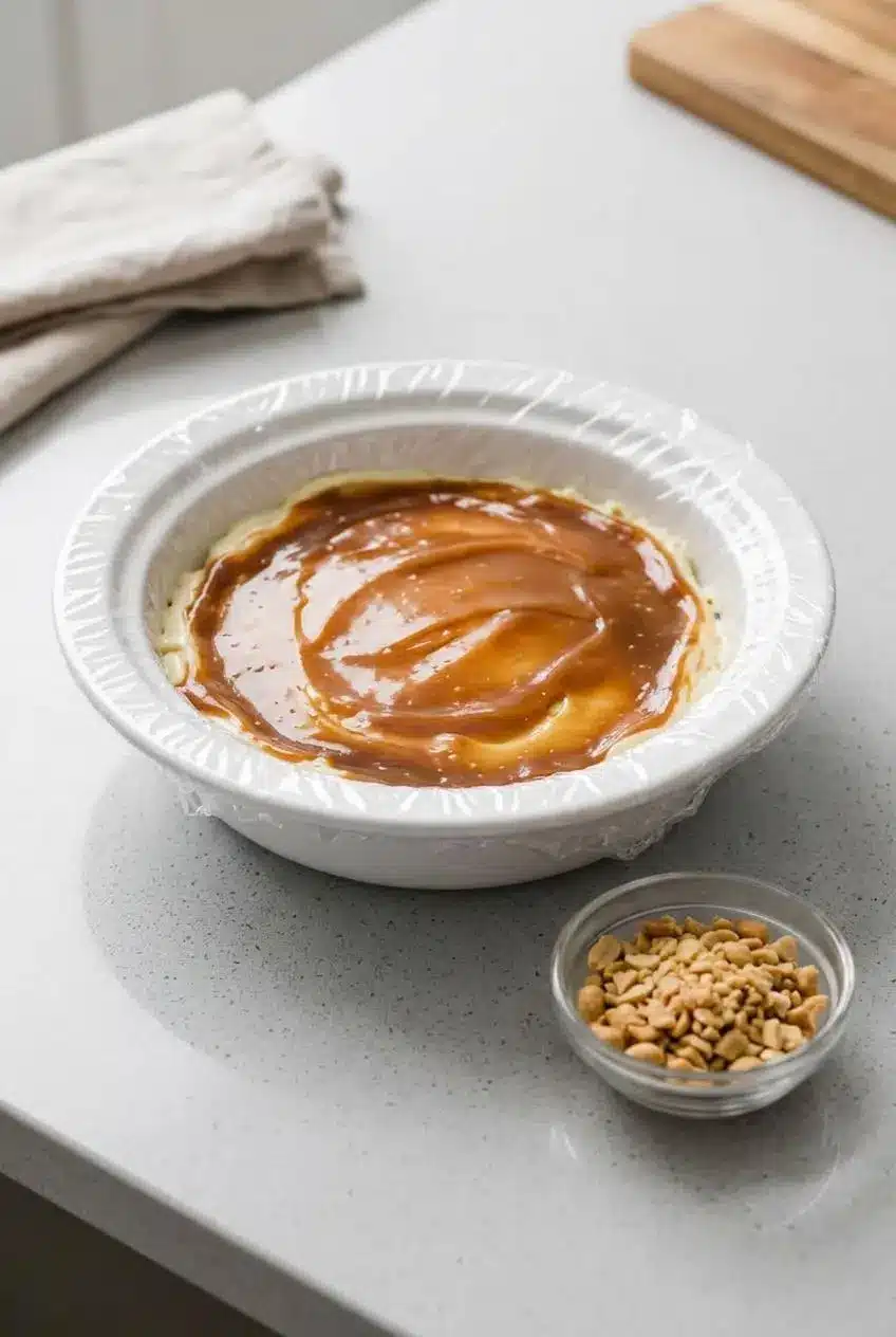 Caramel cheesecake dip sealed with plastic wrap beside a small bowl of crushed peanuts.