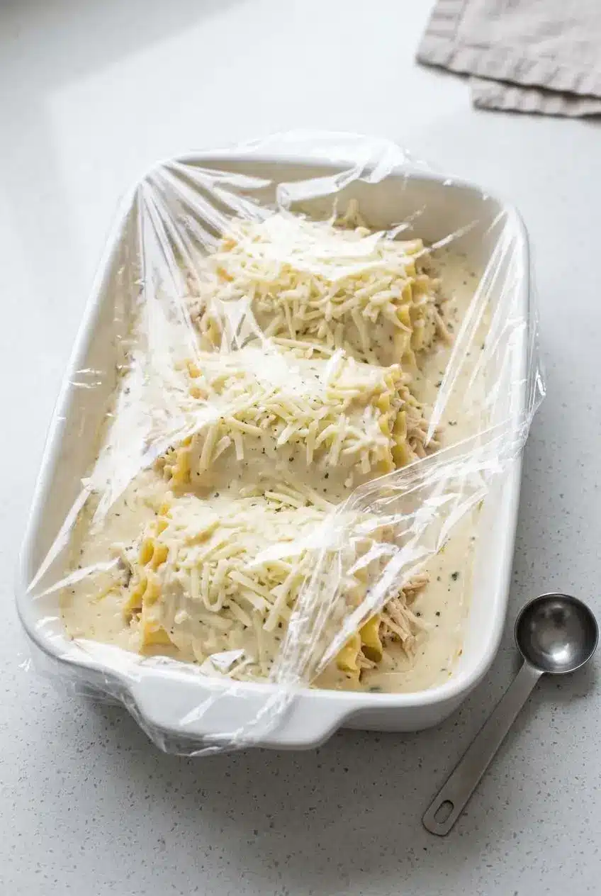 Unbaked lasagna roll ups in a 9x13 baking dish partially covered with wrap for make ahead prep.