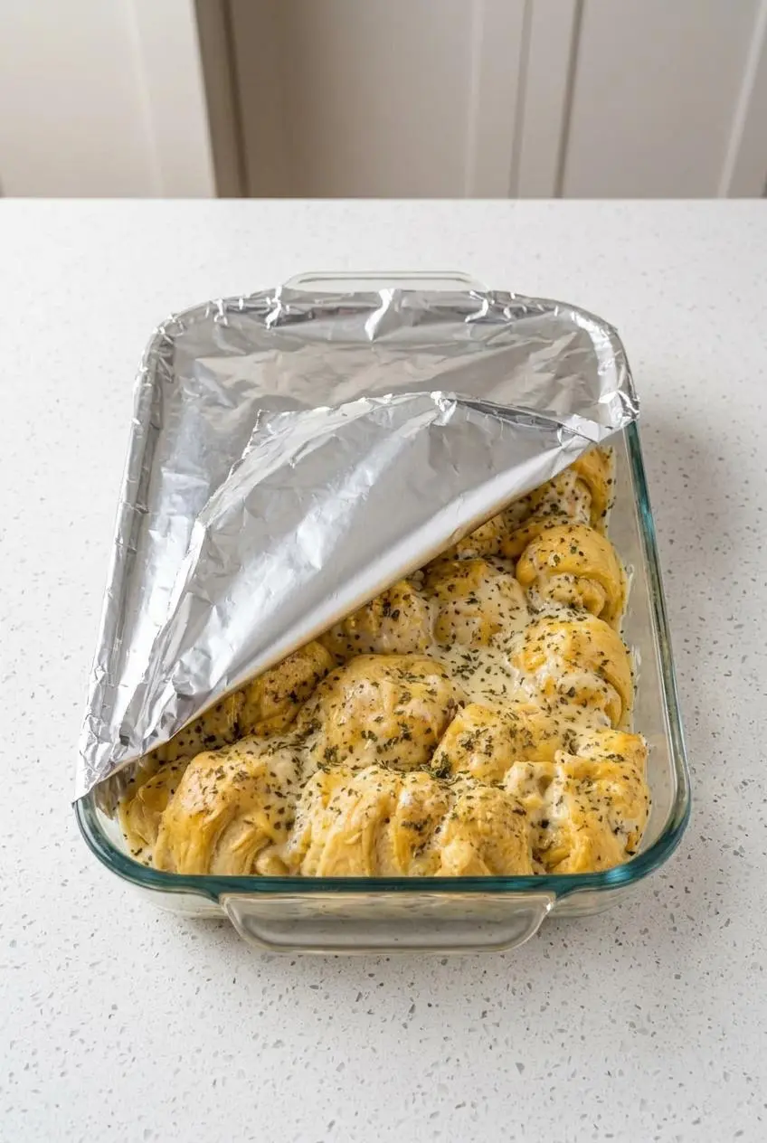 Assembled chicken crescent casserole in a baking dish with aluminum foil peeled back on a kitchen counter.