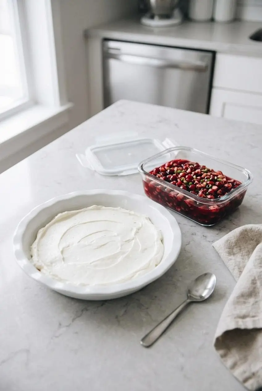 Macerated cranberry salsa in a glass container next to whipped cream cheese prepared ahead in a baking dish.