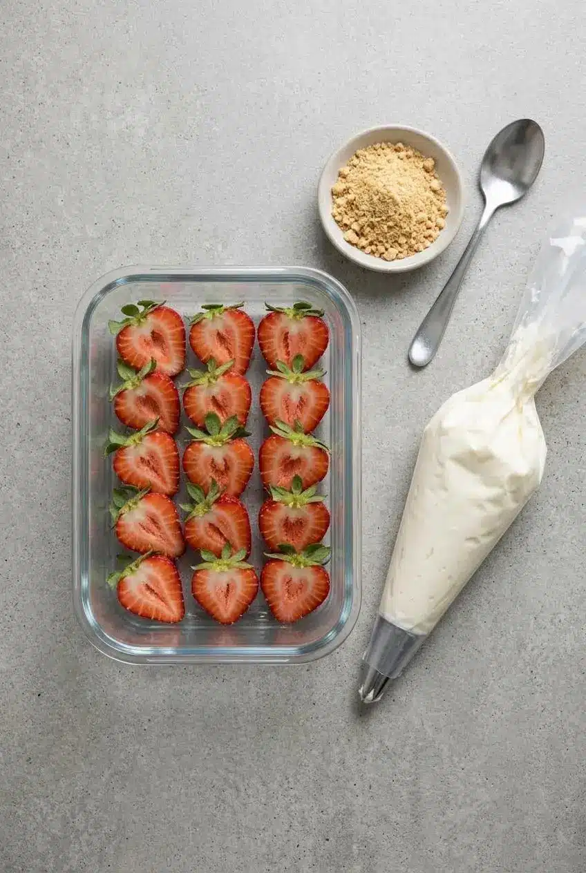 Glass container with prepped strawberry halves beside a filled piping bag and a small bowl of graham crumbs.