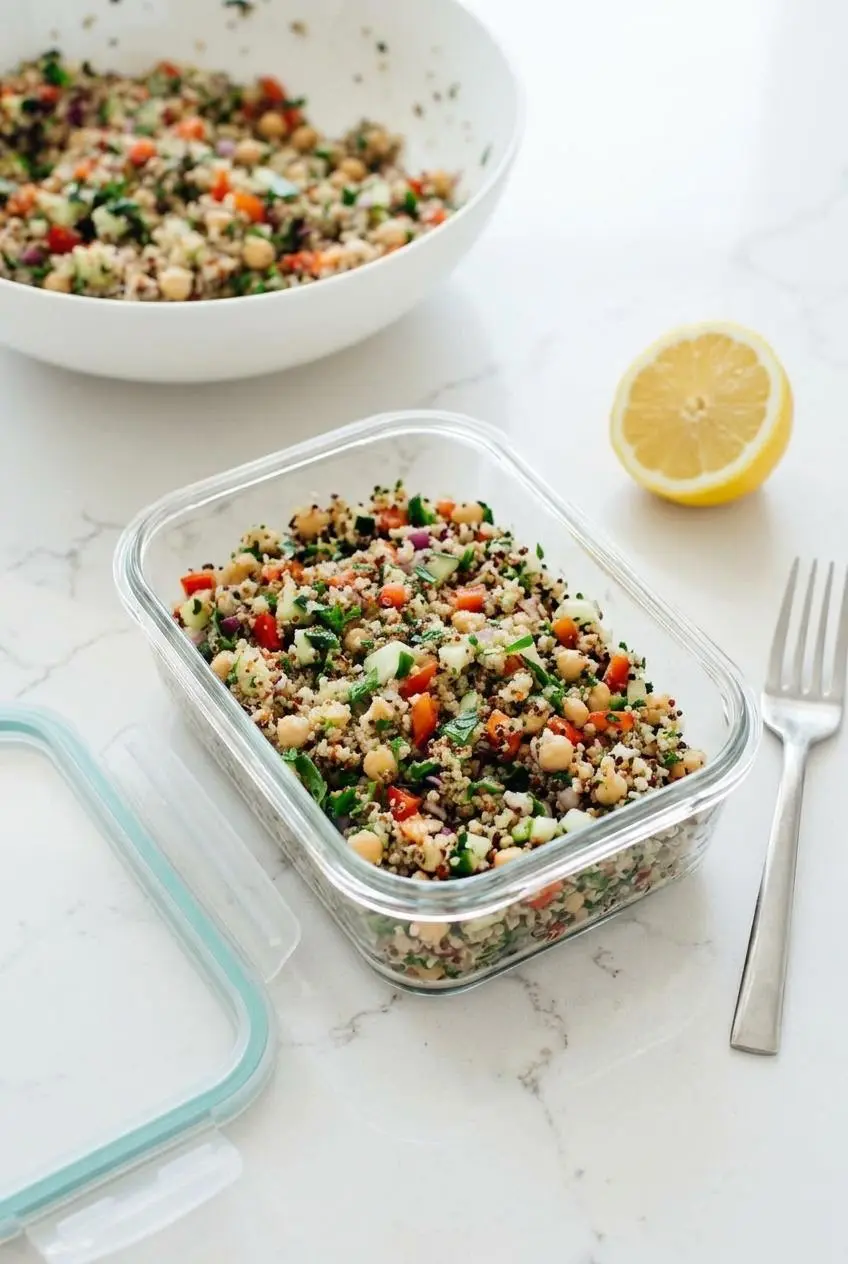 Quinoa salad packed in a rectangular glass meal prep container with a fresh lemon half on a quartz counter.