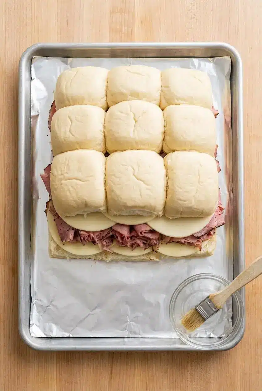 Foil-lined baking pan holding an assembled, unbaked slab of roast beef sliders ready for chilling.
