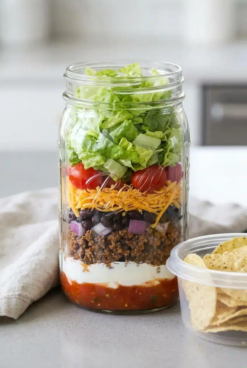 Layered taco salad meal prep in a glass mason jar with salsa, sour cream, seasoned beef, cheddar, and crisp romaine.
