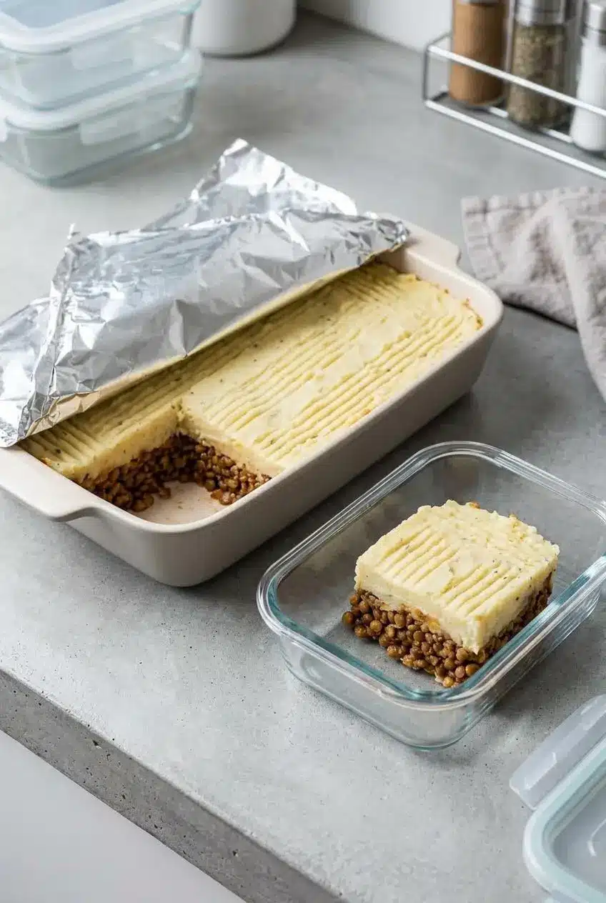 Assembled unbaked vegan shepherd's pie dish next to a glass meal prep storage container.