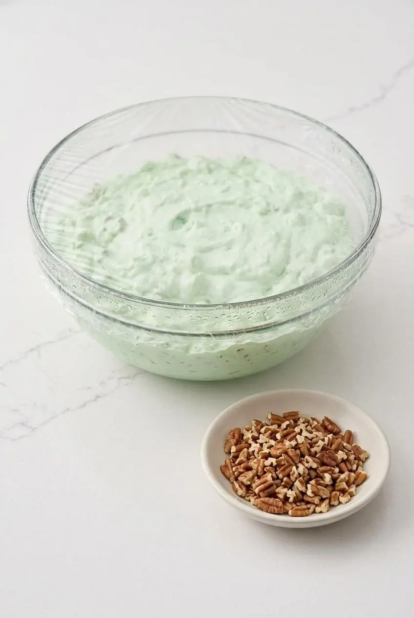 Chilled watergate salad sealed with plastic wrap beside a small dish of chopped pecans on quartz.